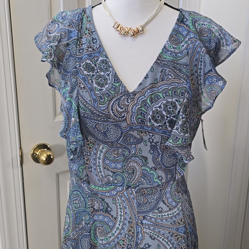 HARPER ROSE BRAND WOMEN'S BLUE PAISLEY RUFFLED SLEEVES SUMMER DRESS SIZE 10